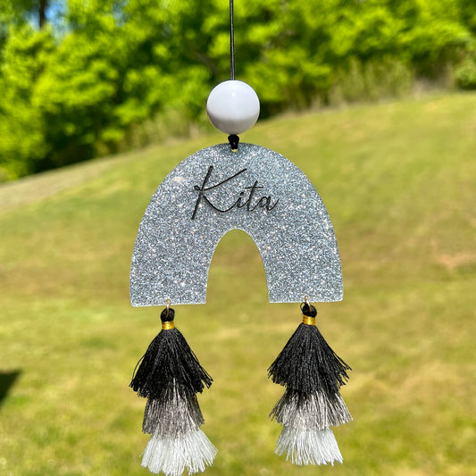 Rainbow Tassel Rearview Mirror Charm - Silver